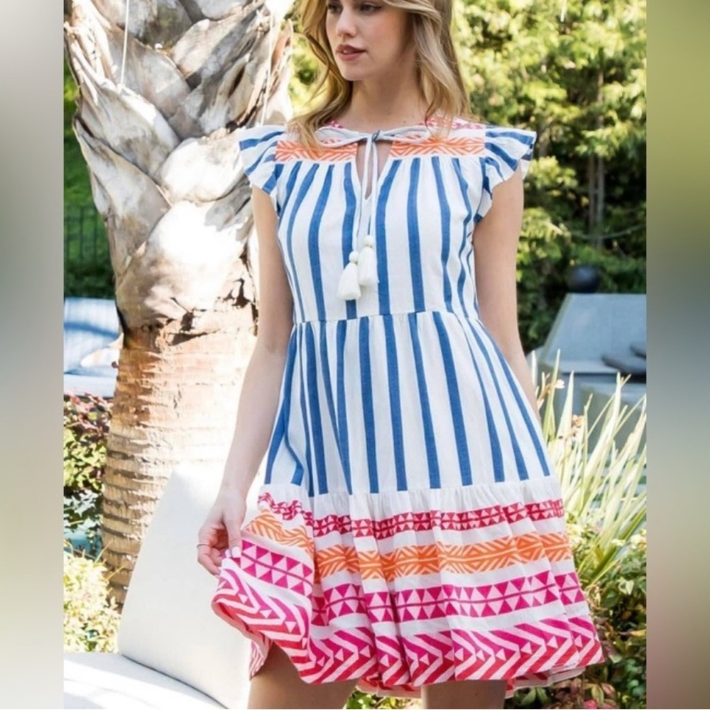 THML Sm Party Embroidery Boho Tassel Tie Flutter Sleeve Tiered Dress Baby Doll